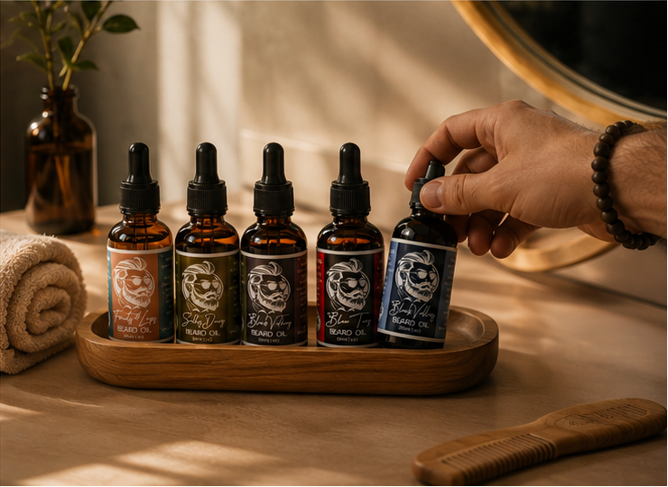 A collage showing beard oil bottles: a close-up of a dark amber bottle with a black cap and a black label featuring a white illustrated beard and sunglasses, plus two wider scenes with five matching bottles on a wooden surface and a hand reaching for one bottle.