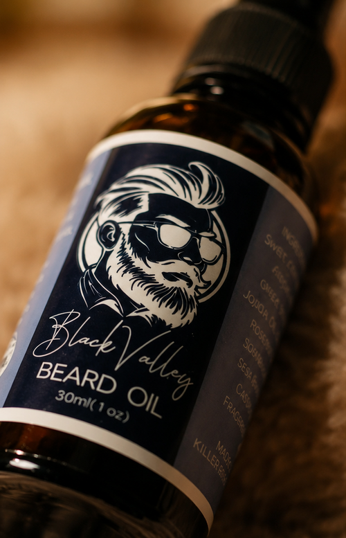 A collage showing beard oil bottles: a close-up of a dark amber bottle with a black cap and a black label featuring a white illustrated beard and sunglasses, plus two wider scenes with several matching bottles on a wooden surface and a hand reaching for one bottle.
