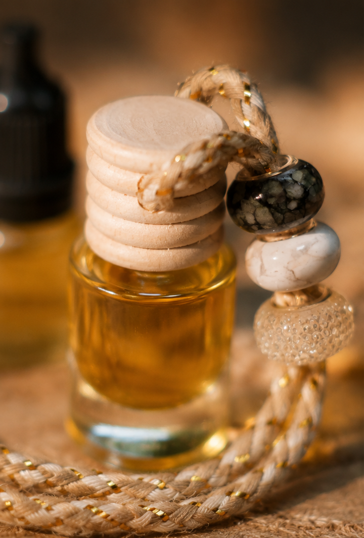 A collage showing a small glass bottle with amber liquid and a decorative hanging charm made of braided rope, wooden beads, and stone beads. One panel shows the product alone on a warm brown surface, another shows it placed near small bottles on a wooden surface, and a third shows the hanging bottle suspended in a car interior.