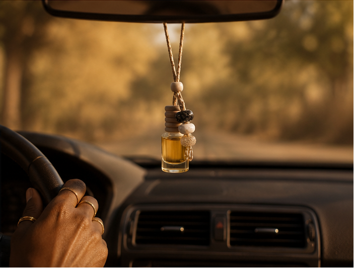 A collage showing a small glass bottle with amber liquid and a decorative hanging charm made of braided rope, wooden beads, and stone beads. One panel shows the product alone on a warm brown surface, another shows it placed near small bottles on a wooden surface, and a third shows the hanging bottle suspended in a car interior.