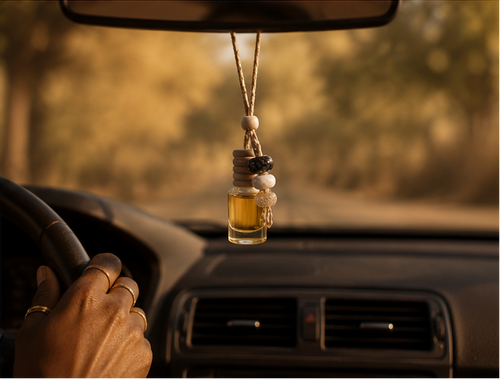 A collage showing a small glass bottle with amber liquid and a decorative hanging charm made of braided rope, wooden beads, and stone beads. One panel shows the product alone on a warm brown surface, another shows it placed near small bottles on a wooden surface, and a third shows the hanging bottle suspended in a car interior.
