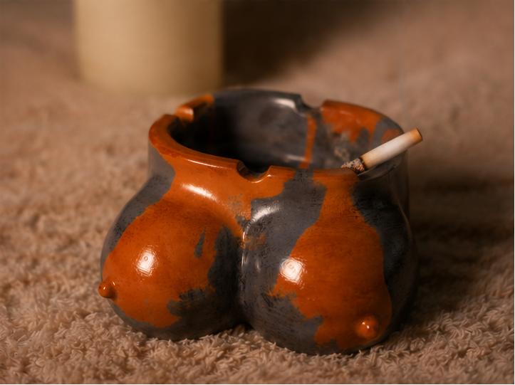 A ceramic novelty smoking ashtray with a glossy orange-brown and dark gray glaze, shown in a three-panel collage on a textured beige surface and wooden table. The product has a bulbous, organic shape with a small protruding nipple detail on one side and a lit cigarette resting inside the open top.
