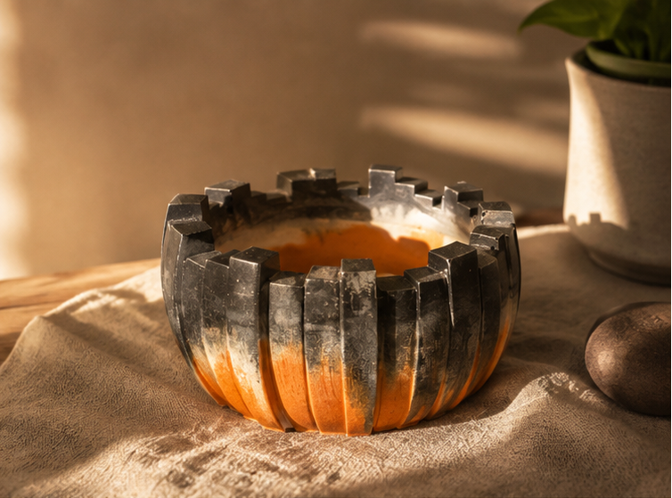A decorative candle holder with a rustic, weathered stone look, featuring a dark charcoal-gray exterior and a warm orange interior. Shown in a three-panel collage: a close-up of the candle inside, and two lifestyle scenes on a beige fabric surface with a knit blanket and potted plants.