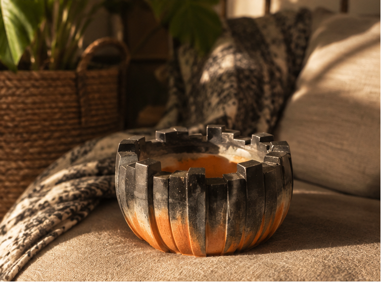 A decorative candle holder with a rustic, weathered stone look, featuring a dark charcoal-gray exterior and a warm orange interior. Shown in a three-panel collage: a close-up of the candle inside, and two lifestyle scenes on a beige fabric surface with a knit blanket and potted plants.