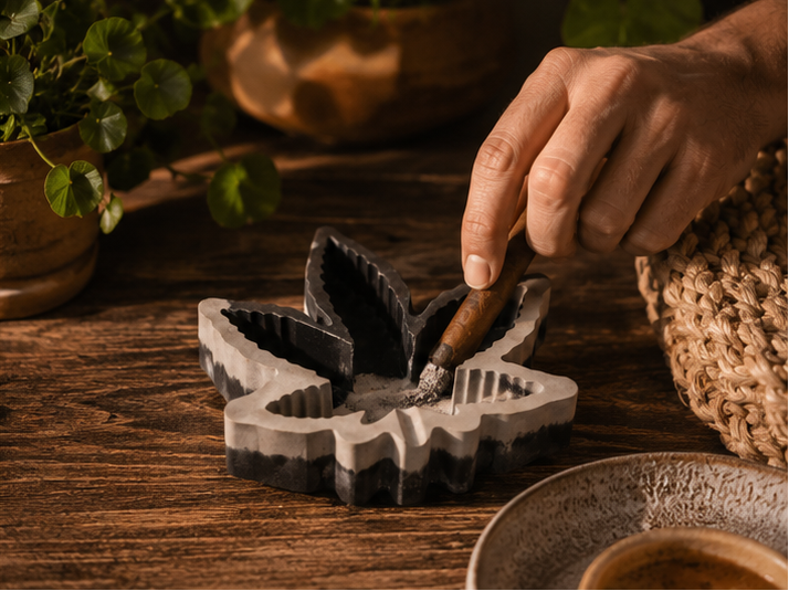 A collage showing a leaf-shaped incense holder and incense sticks in use. The product appears in close-up and in a styled tabletop setting with a hand dipping a incense stick into the holder, on a wooden surface with woven mats and small plants in the background.