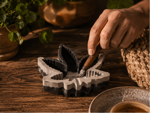 A collage showing a leaf-shaped incense holder and incense sticks in use. The product appears in close-up and in a styled tabletop setting with a hand dipping a incense stick into the holder, on a wooden surface with woven mats and small plants in the background.