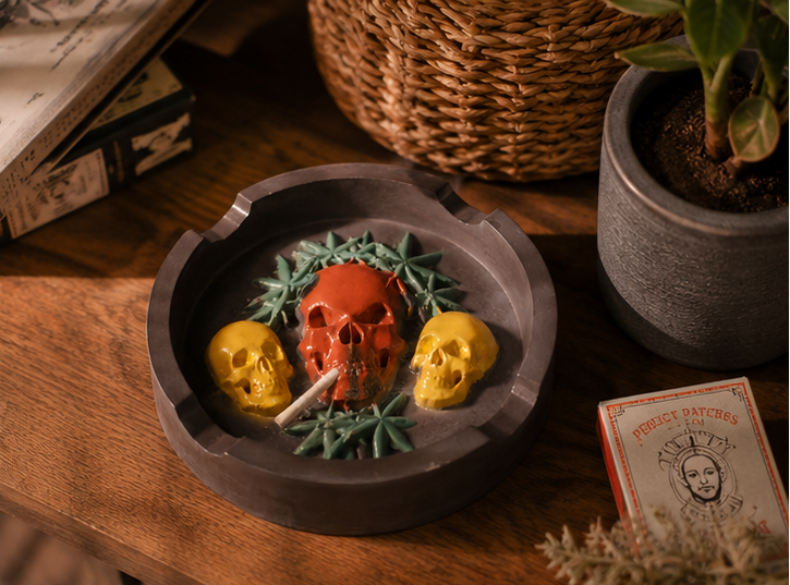 A triptych collage showing a decorative skull-shaped smoking ashtray in use. The left panel shows the ashtray empty, filled with a red skull, two yellow skulls, green leaf accents, and a white cigarette.
