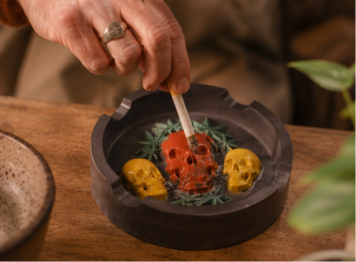 A triptych collage showing a decorative skull-shaped smoking ashtray in use. The left panel shows the ashtray empty, filled with a red skull, two yellow skulls, green leaf accents, and a white cigarette.