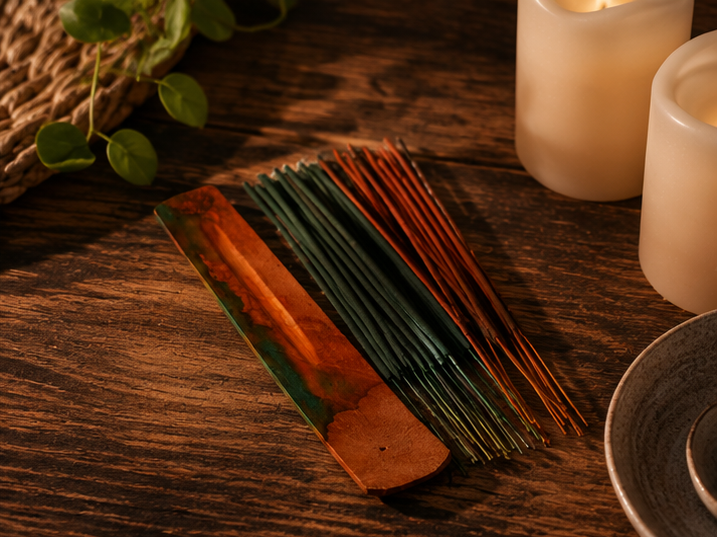 A collage showing incense sticks in a wooden holder on a textured white surface, and the same holder with incense placed on a wooden table beside lit candles and dried flowers in a warm indoor setting.