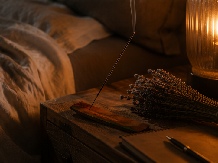 A collage showing incense sticks in a wooden holder on a textured white surface, and the same holder with incense placed on a wooden table beside lit candles and dried flowers in a warm indoor setting.