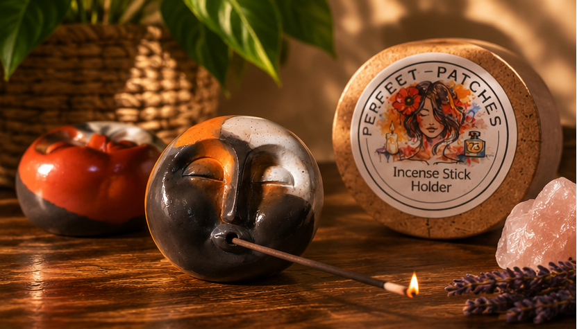 A collage showing a dark ceramic Moon smoking holder with a burning incense stick, plus two smaller views of the product packaging and accessories on a wooden surface with plants, crystals, and a lit candle.