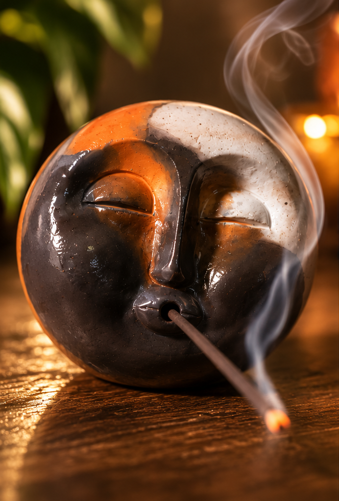 A collage showing a dark ceramic Moon smoking holder with a burning incense stick, plus two smaller views of the product packaging and accessories on a wooden surface with plants, crystals, and a lit candle.