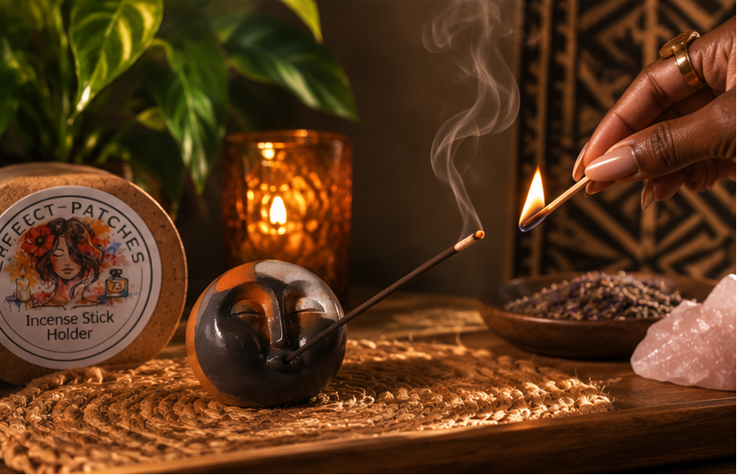 A collage showing a dark ceramic Moon smoking holder with a burning incense stick, plus two smaller views of the product packaging and accessories on a wooden surface with plants, crystals, and a lit candle.