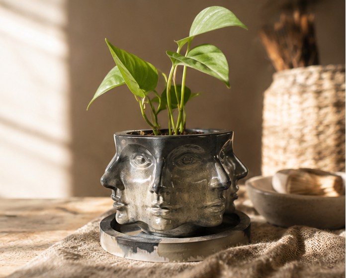 A concrete planter shaped like a stylized human face, shown in a three-panel collage. The planter has a dark charcoal gray glaze with subtle greenish-blue undertones and holds a green leafy plant.
