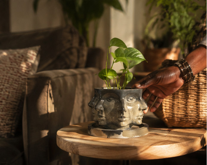 A concrete planter shaped like a stylized human face, shown in a three-panel collage. The planter has a dark charcoal gray glaze with subtle greenish-blue undertones and holds a green leafy plant.