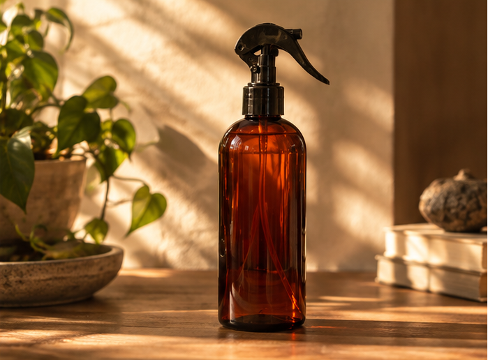 Collage showing an amber glass spray bottle with a black trigger sprayer in three warm-toned scenes: a close-up of the sprayer, the bottle standing on a wooden surface, and a hand spraying mist in a bedroom.