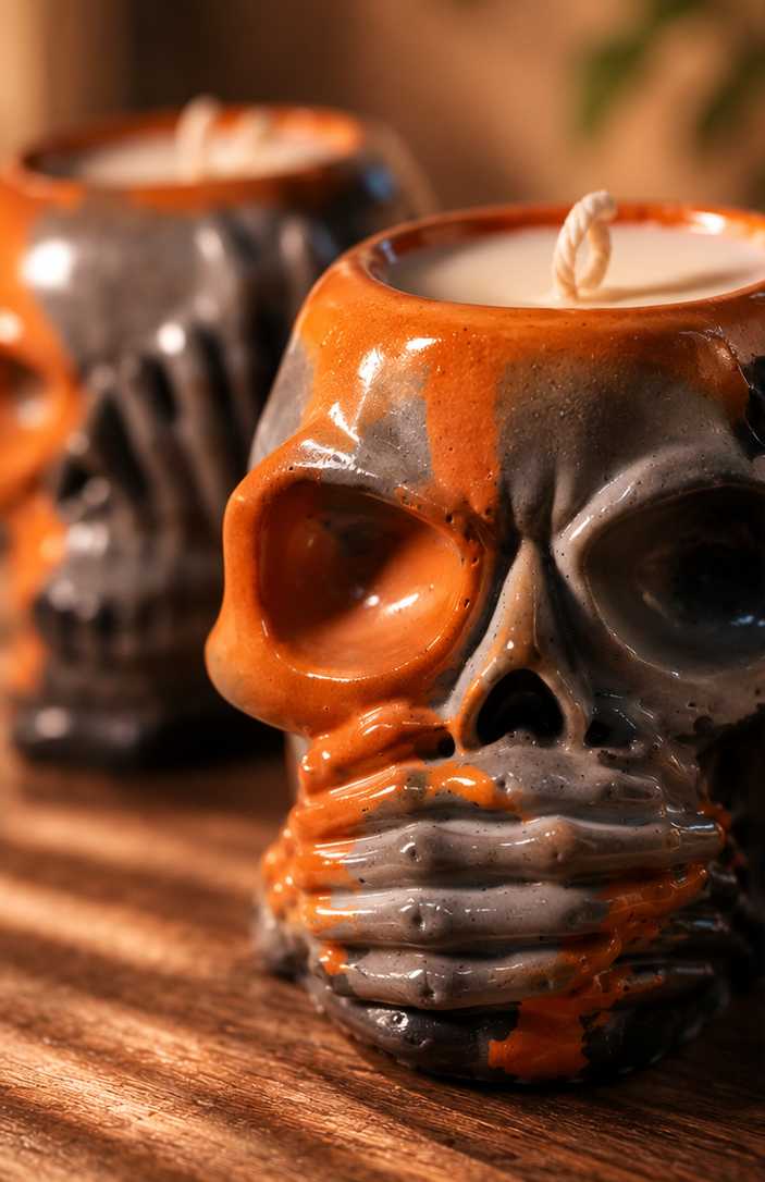 Three skull-shaped candle holders in a triptych collage, shown lit on a wooden surface with warm ambient lighting. The left panel shows a close-up of one skull candle with orange and gray marbled detailing; the right panels show two additional skull candles in different poses, including one with hand-like detailing over the mouth area.