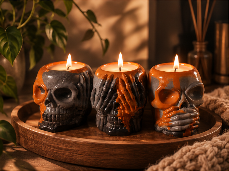 Three skull-shaped candle holders in a triptych collage, shown lit on a wooden surface with warm ambient lighting. The left panel shows a close-up of one skull candle with orange and gray marbled detailing; the right panels show two additional skull candles in different poses, including one with hand-like detailing over the mouth area.