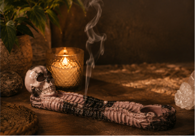 A decorative skull-shaped incense holder with a rib cage design, shown in a warm, atmospheric setting with candles, incense sticks, and a hand lighting the holder. The image is a three-panel collage.