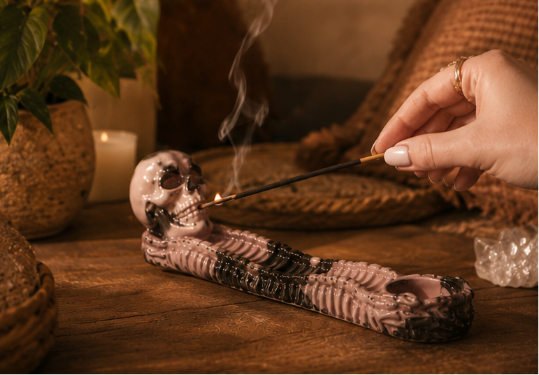 A decorative skull-shaped incense holder with a rib cage design, shown in a warm, atmospheric setting with candles, incense sticks, and a hand lighting the holder. The image is a three-panel collage.