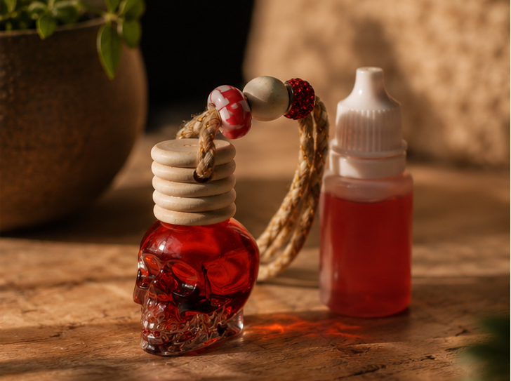 A collage showing a small skull-shaped glass car perfume bottle filled with red liquid, hanging from a rope with decorative beads. The left panel is a close-up of the bottle, while the top-right and bottom-right panels show the bottle in use on a wooden surface and hanging inside a car.